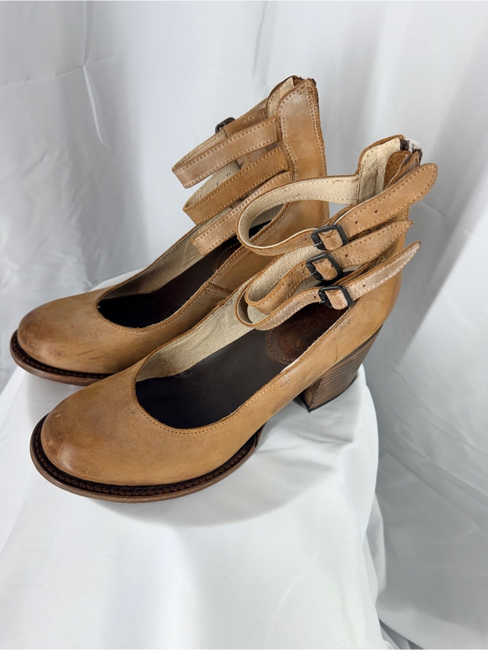 freebird Randi Triple-Strap Tan Leather Block Heels